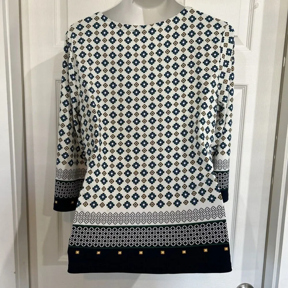 Charter Club Career Wear Women's L Tunic Blouse Stretch Knit Top Border Trim